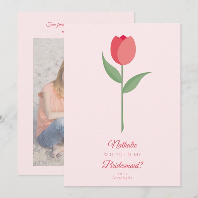 Pink Tulip Bridesmaid Photo Friends Proposal Card (Front/Back)