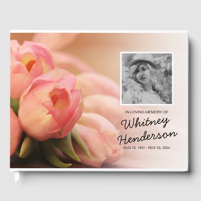 Pink Tulip Condolence | Photo Funeral Remembrance Guest Book (Front)