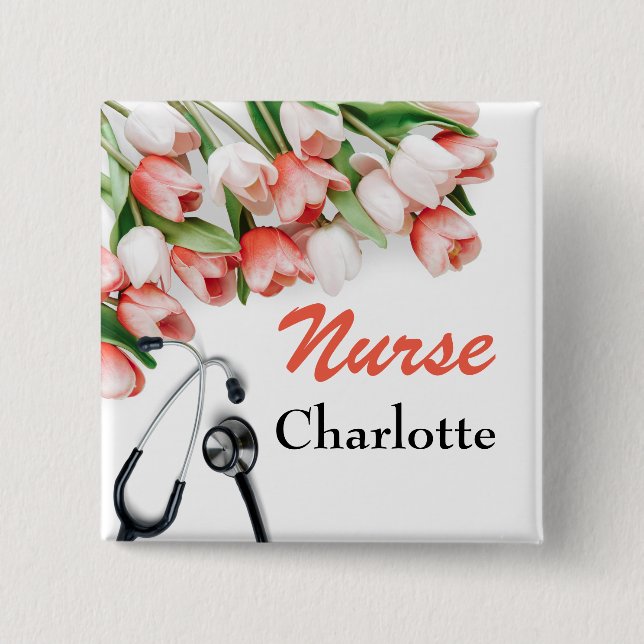 Pink Tulip Custom Nurse 15 Cm Square Badge (Front)