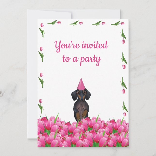 Pink Tulip Dachshund Party Invitation (Front)