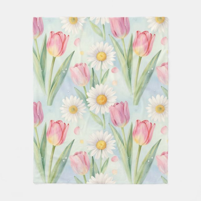Pink Tulip Daisy Watercolor Spring Pattern Fleece Blanket (Front)