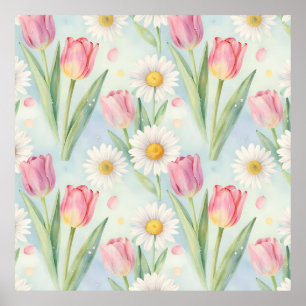 Pink Tulip Daisy Watercolor Spring Pattern Poster