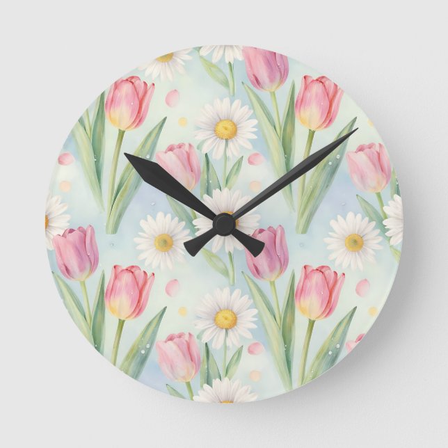 Pink Tulip Daisy Watercolor Spring Pattern Round Clock (Front)