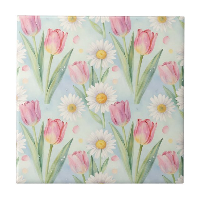 Pink Tulip Daisy Watercolor Spring Pattern Tile (Front)