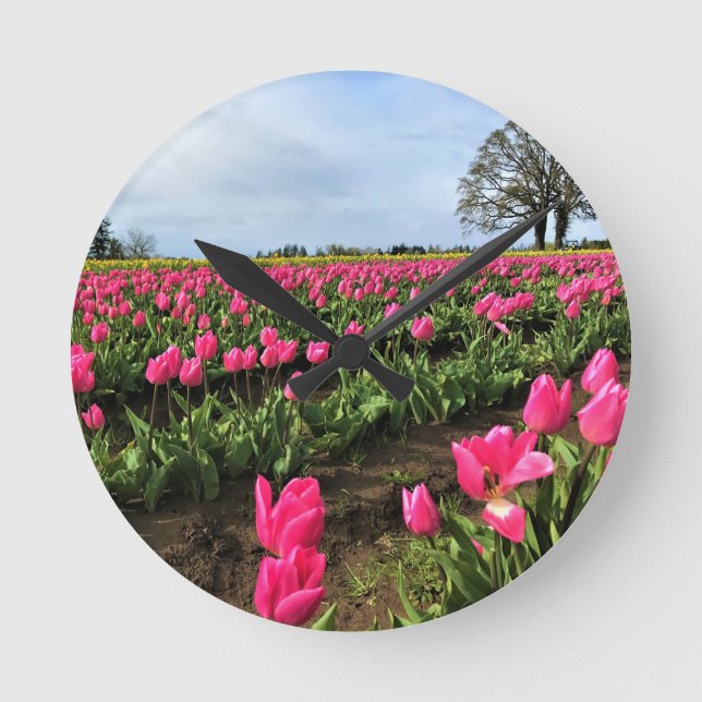 Pink Tulip Field, Oregon Round Clock (Front)