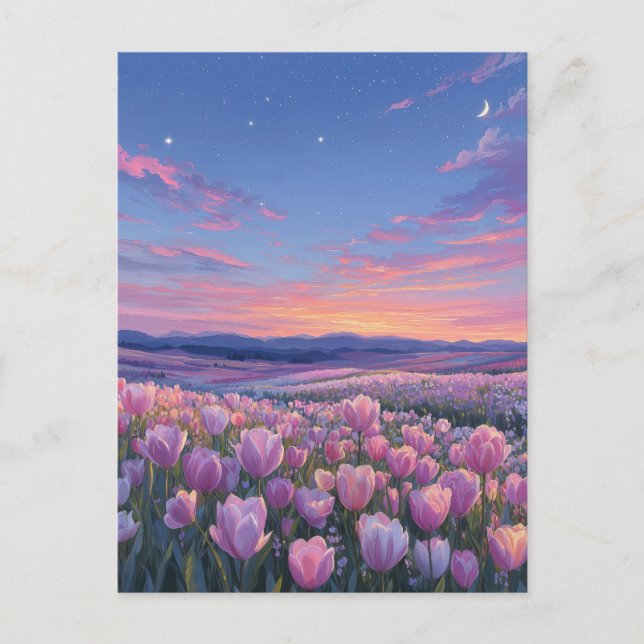 Pink Tulip Field Under Starry Crescent Moon Postcard (Front)
