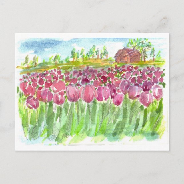 Pink Tulip Fields Watercolor Moving Announcement Postcard (Front)