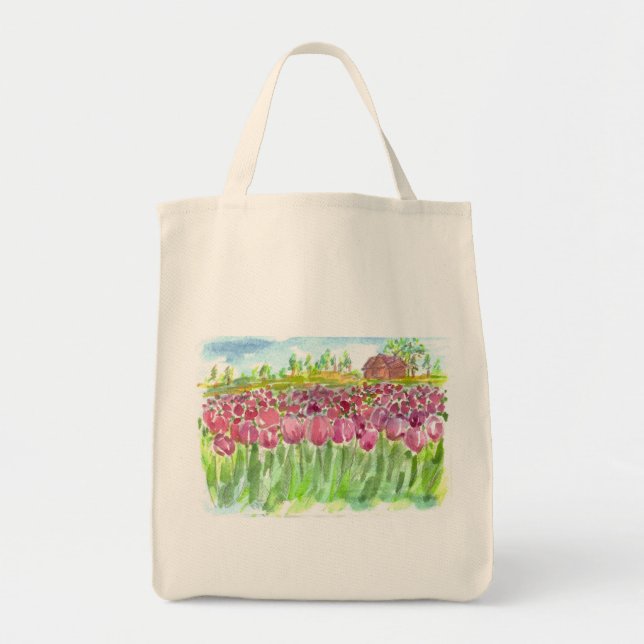 Pink Tulip Fields Watercolor Tote Bag (Front)