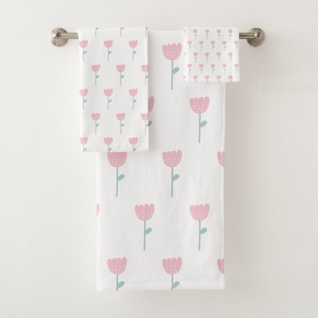 Pink Tulip Floral Minimalistic Simple Girly Cute Bath Towel Set (Insitu)