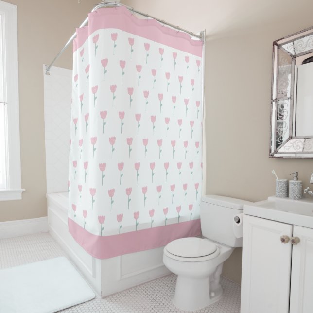 Pink Tulip Floral Minimalistic Simple Girly Cute Shower Curtain (In Situ)