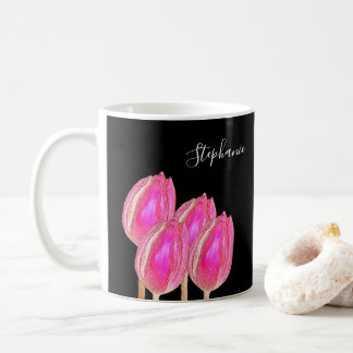 Pink Tulip Floral Monogram Name Black Custom Colou Coffee Mug