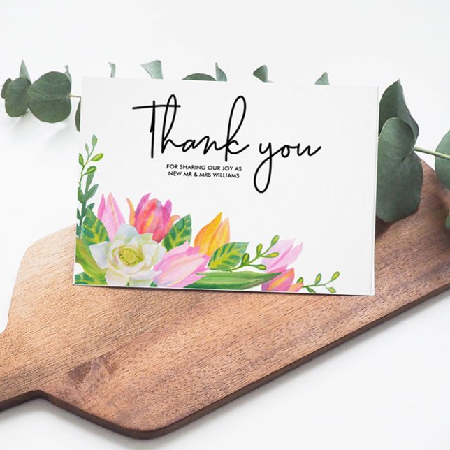 Pink Tulip Floral Wedding Photo Thank You Card (Creator Uploaded)