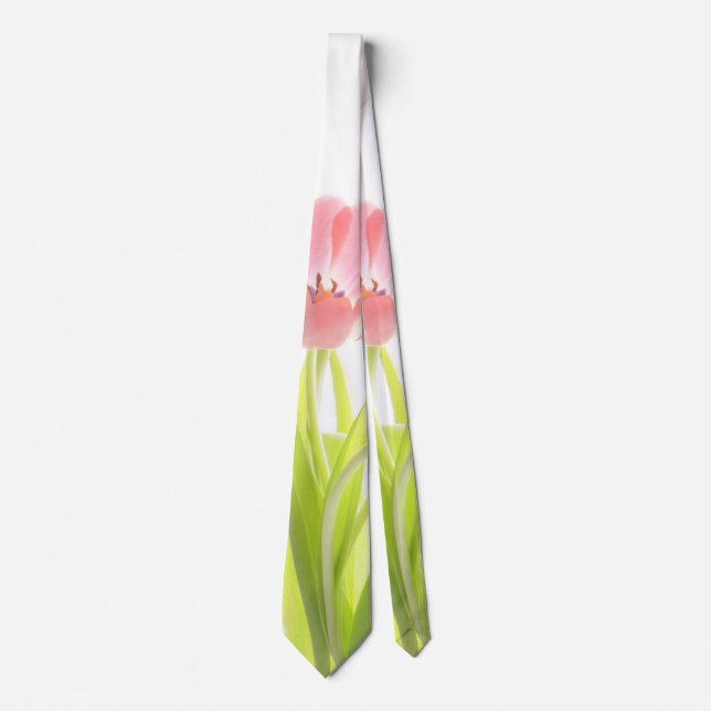Pink tulip flower  rockabilly white neck tie (Front)