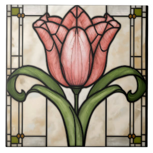 Pink Tulip Flower Stained Glass Art Tile