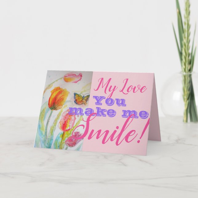 Pink Tulip Flower You Make Me Smile Birthday Card (Front)