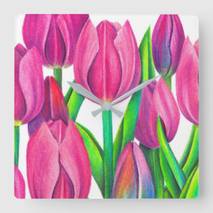 Pink Tulip Flowers Girly Square Wall Clock