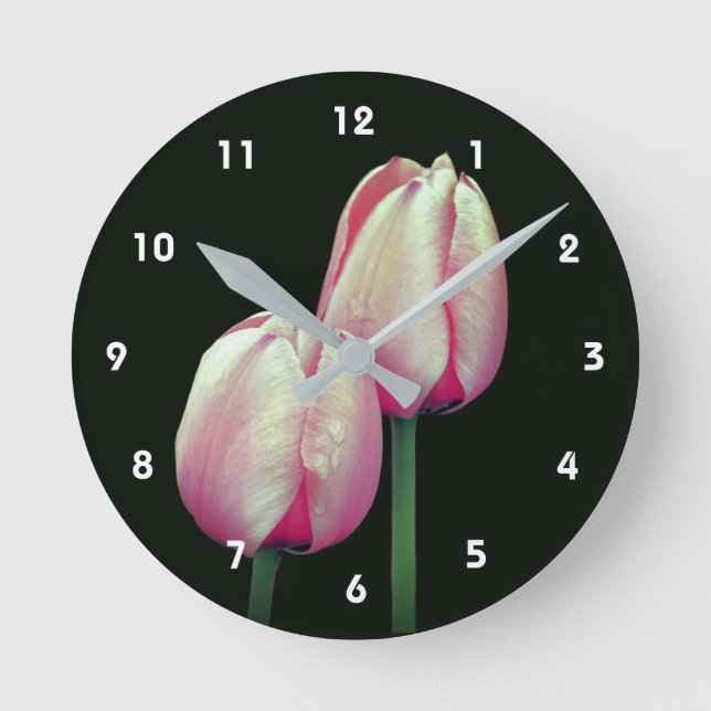 Pink Tulip Flowers Raindrop  Round Clock (Front)
