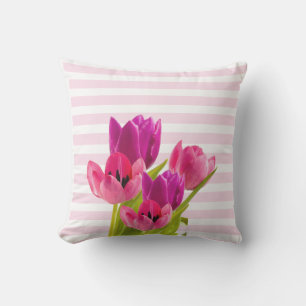 Pink Tulip Flowers with Pink Stripes Decorative Cushion