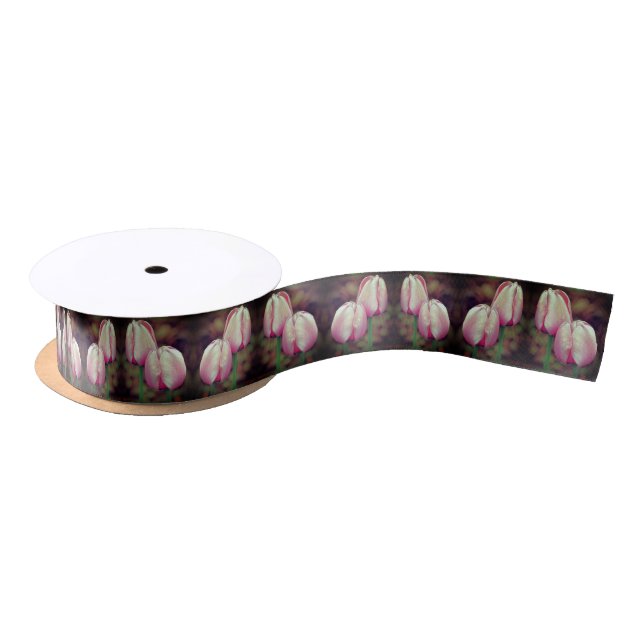 Pink Tulip Flowers With Raindrops  Satin Ribbon (Spool)