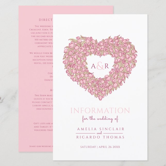 Pink tulip heart wedding guest information (Front/Back)