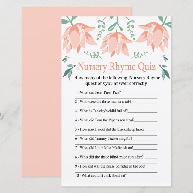 Pink Tulip Nursery Rhyme Quiz baby shower game (Front/Back)
