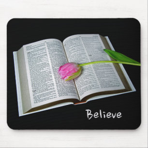 Pink Tulip On Open Bible Mouse Mat