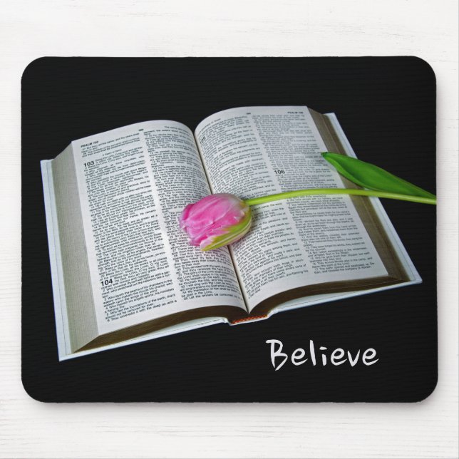 Pink Tulip On Open Bible Mouse Mat (Front)