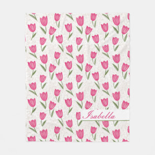 Pink tulip pattern personalised fleece blanket