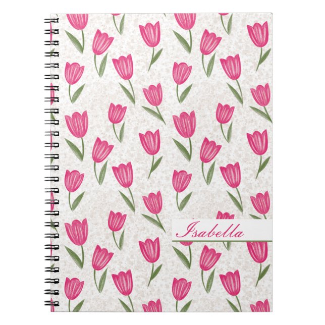 Pink tulip pattern personalised notebook (Front)