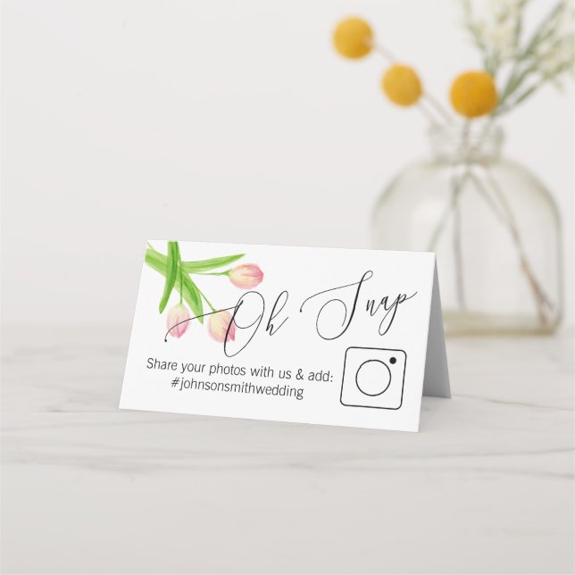 Pink Tulip Photo Share Folded table card #hashtag (Back)