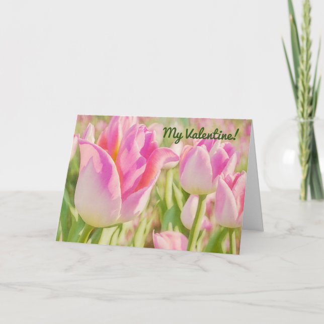Pink Tulip Pink Flower Valentine Card (Front)