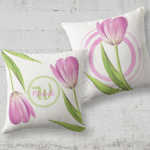 Pink Tulip Spring Elegant Flower Floral art Name Cushion