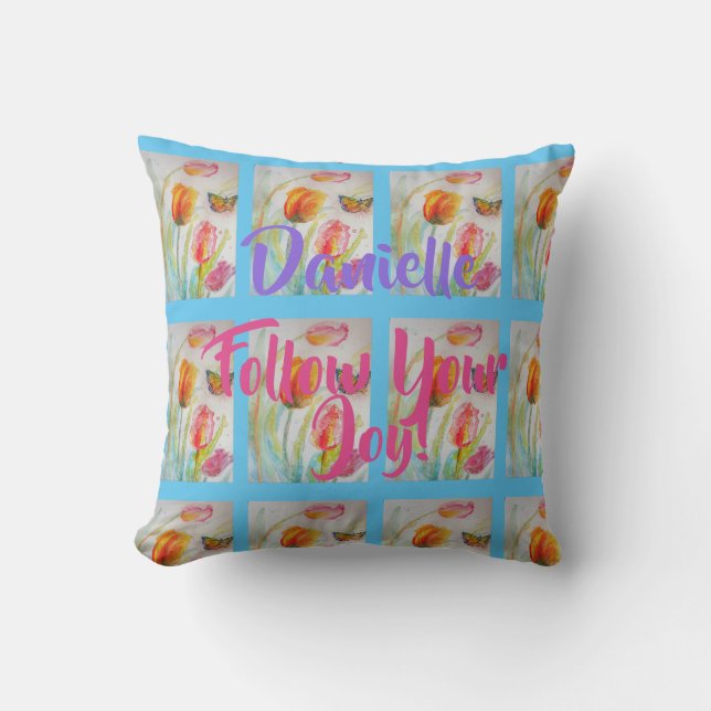Pink Tulip Tulips Floral Watercolor Blue Cushion (Front)