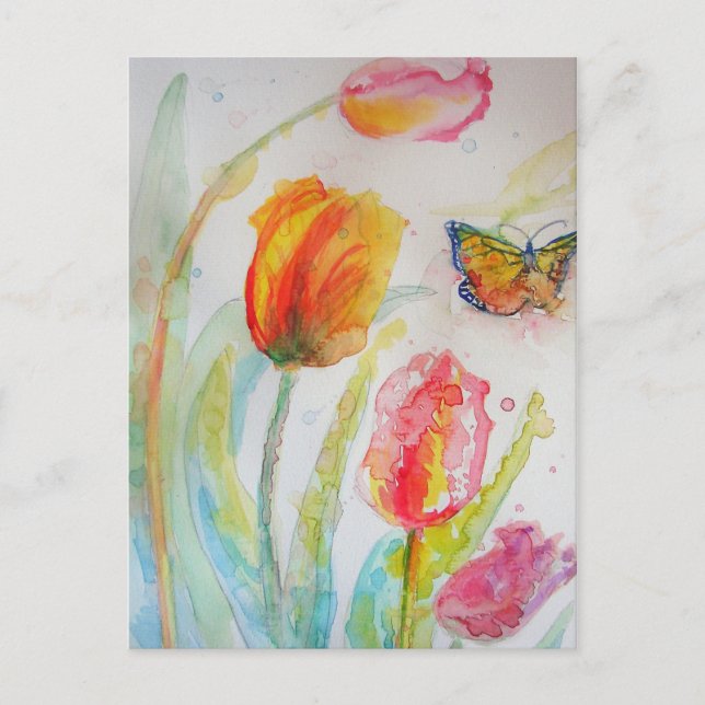 Pink Tulip Tulips Floral Watercolor PostCard (Front)