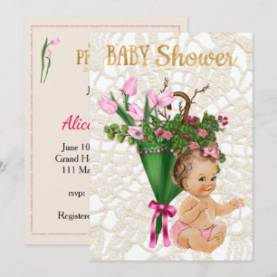 Pink Tulip with Vintage Princess Baby Girl Invitation