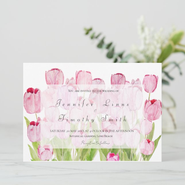 pink tulips 3 wedding invitation  (Standing Front)
