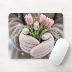 Pink Tulips and Snowflakes Mouse Mat