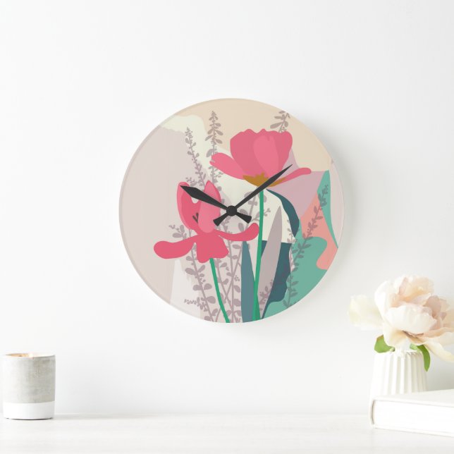 Pink Tulips Artistic Modern Colour Blocks Home  Large Clock (Home)