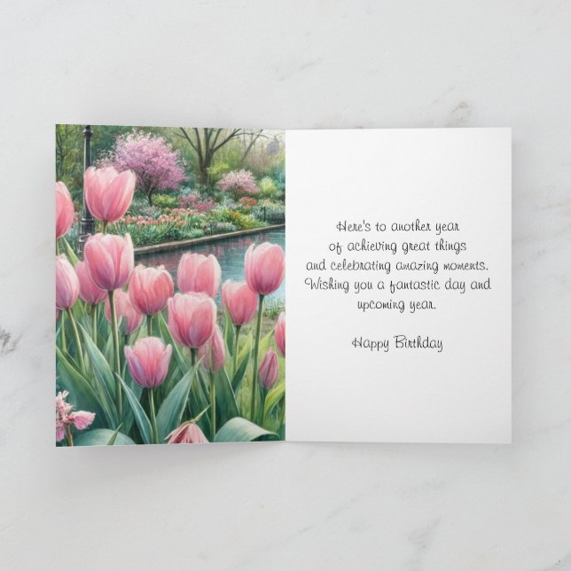 Pink Tulips at Park Happy Birthday Greeting  Card (Inside)