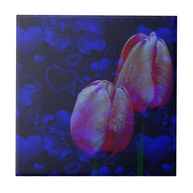 Pink Tulips Blue Hearts Floral Art Tile (Front)