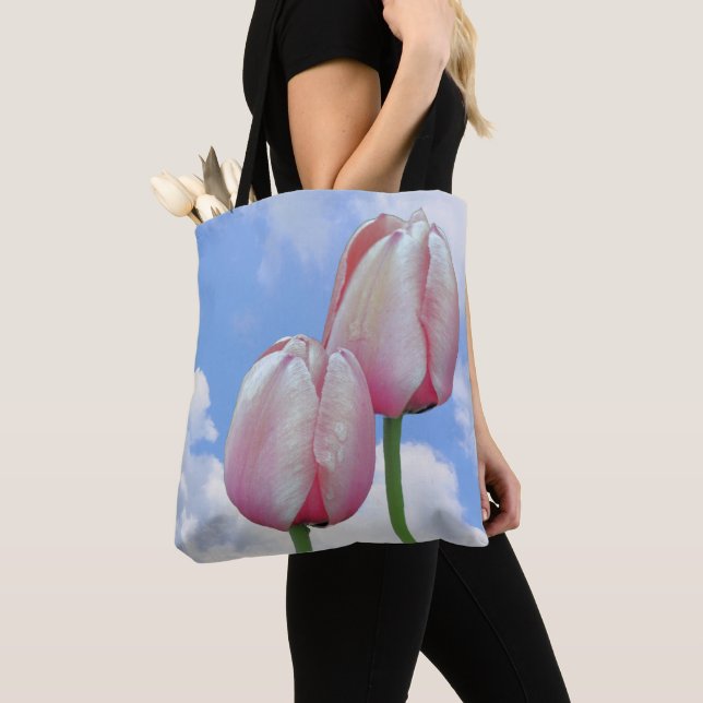 Pink Tulips Blue Sky And White Clouds Tote Bag (Close Up)