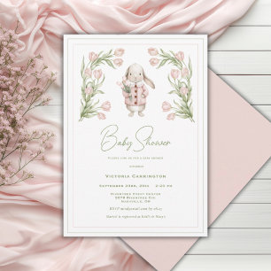 Pink Tulips Bunny Rabbit Animal Baby Shower Invitation