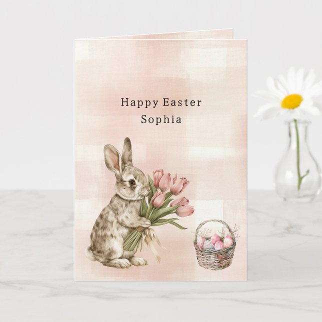 Pink Tulips Bunny Rabbit Easter Eggs Basket Card (Small Plant)