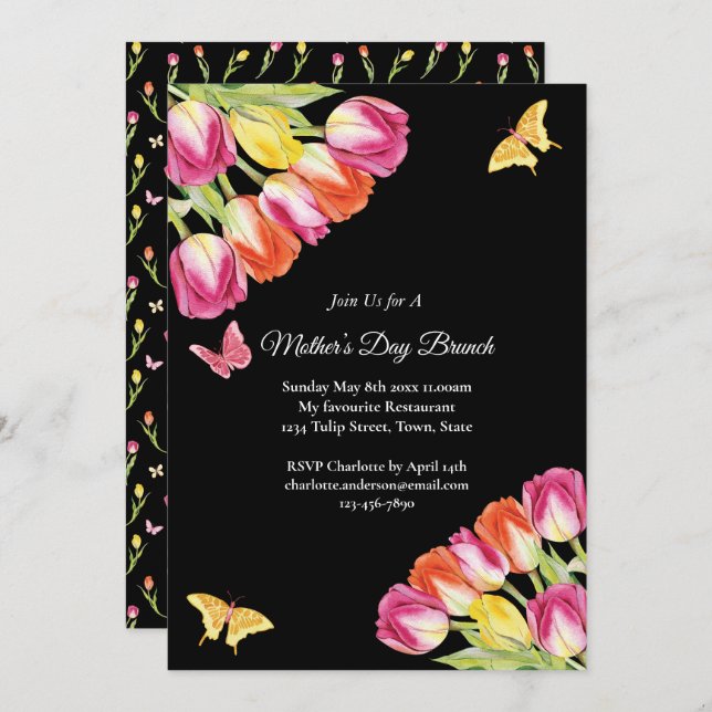 Pink Tulips & Butterfly Mother’s Day Brunch Black Invitation (Front/Back)