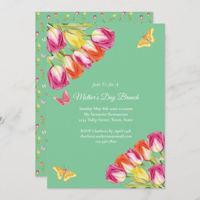 Pink Tulips & Butterfly Mother’s Day Brunch Green  Invitation (Front/Back)