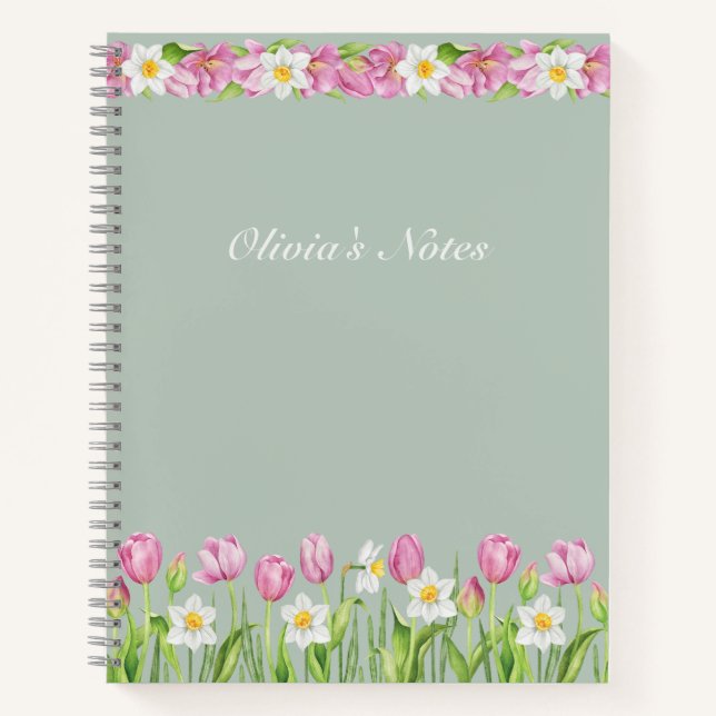 Pink Tulips & Daffodils Spring Flowers Notebook (Front)
