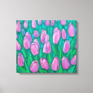 Pink Tulips Field, Spring Flowers Floral Painting  Canvas Print