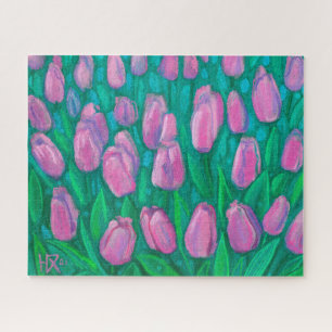 Pink Tulips Field, Spring Flowers Floral Painting  Jigsaw Puzzle