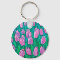 Pink Tulips Field, Spring Flowers Floral Painting