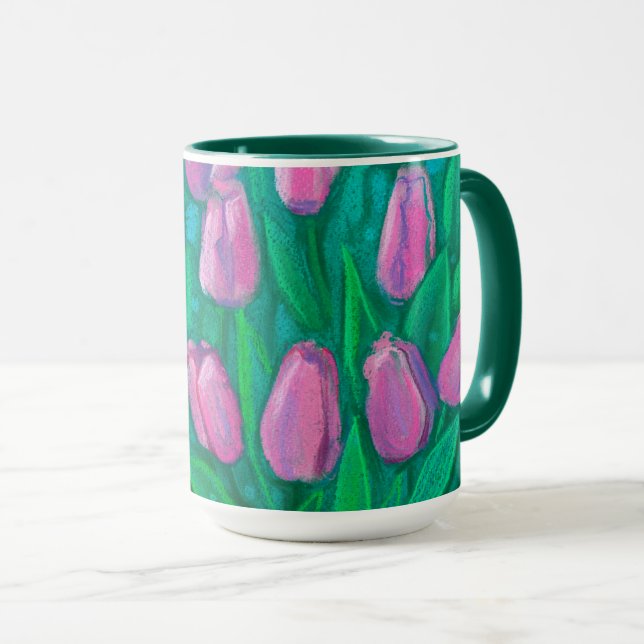 Pink Tulips Field, Spring Flowers Floral Painting Mug (Front Right)